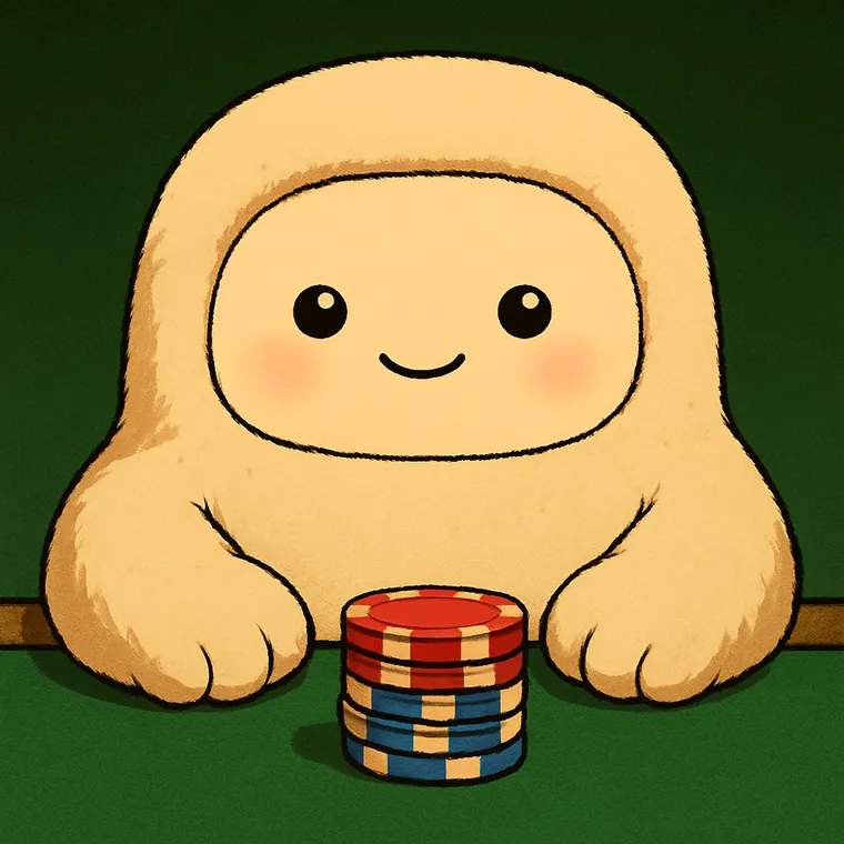 Jollyfund plush agent leaning over the felt, pushing a stack of poker chips